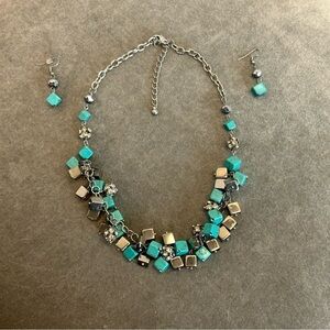 Marbled turquoise blue silver tone square cubed rhinestone necklace earrings set